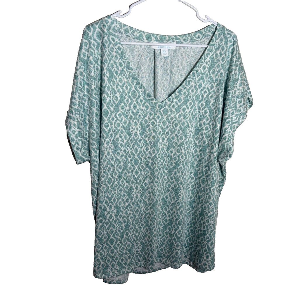 Bunulu T-Shirt Women's 2X V-Neck Short Sleeve Printed Knit Casual Top Blue
